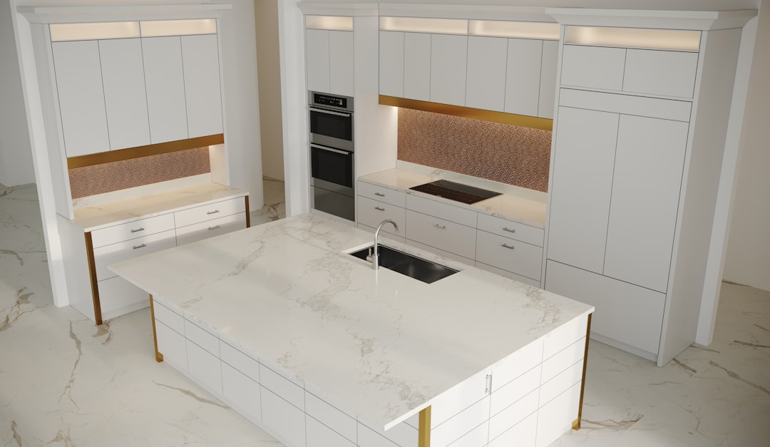 Luxury kitchen...very white without accessories. A good base image to add your own accessories. Elevated to see more of the cabinetry.